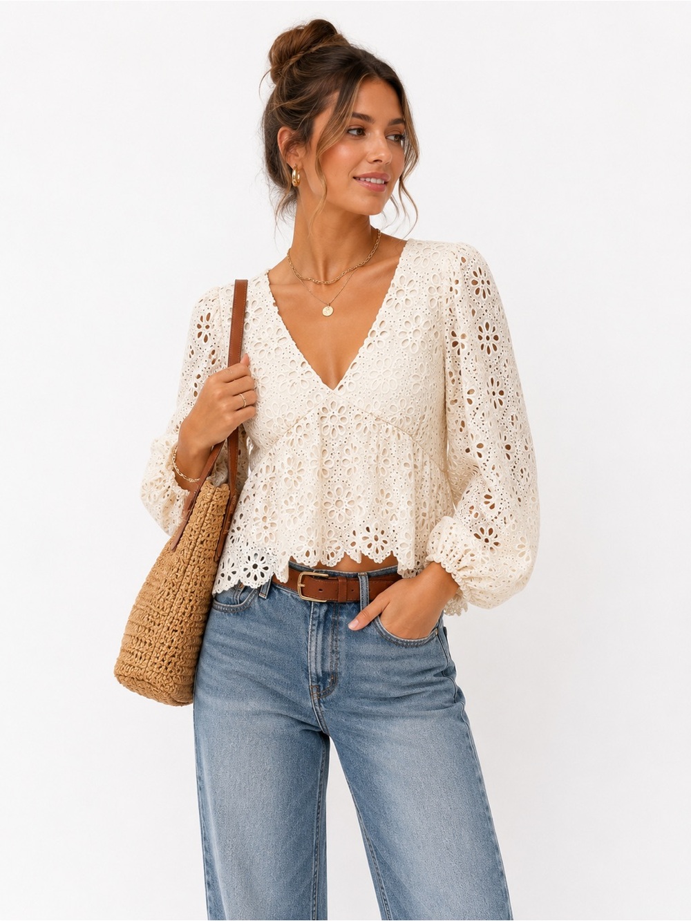 Altar’d State Ivory Eyelet Lace Peplum Blouse Boho Cottagecore